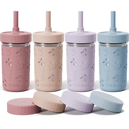 Fimibuke Toddler Cups Spill Proof, 12 OZ Sippy Cups for Kid Girl Boy, Stainless Steel Tumbler with Lid, Removable Silicone Straw & Sleeve, BPA Free Dishwasher Safe Water Bottle Snack Container 4 Pack - color: Dark Pink/Light Pink/Purple/Blue, size: 12 Oun
