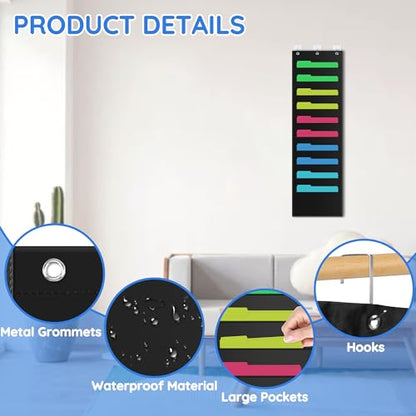 ZKOO 10 Pockets Hanging Wall File Organizer for A4 Size Paper/Legal/Letter Size Document, Sturdy Wall Mail Organizer Black Pocket Chart Great for Classroom, Office, Home Use with 3 Hangers - size: 10 Pocket