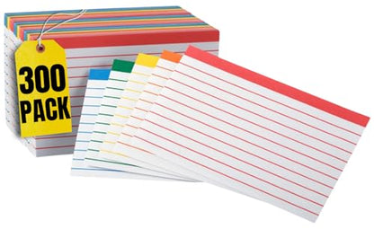 1InTheOffice Index Cards 3x5, Ruled Index Cards, Flash Cards, Assorted Colors, 300 Pack