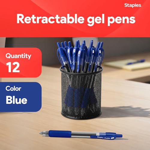 Staples Retractable Gel Pens, Bold Point 1.0mm, Blue Ink, 12 Pack – ProGel Smooth‑Flow Pens for Office & School Use - color: Blue, size: 12 Pack, style: Bold Point