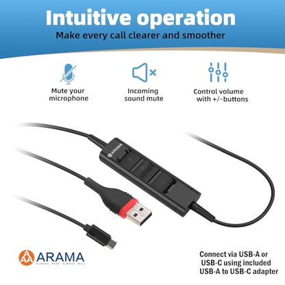 Arama USB Headset with Microphone (A600MONO) – Noise Cancelling, Inline Volume & Mute Control, USB-A & USB-C Compatible for Computer, Laptop, Mac, Zoom, Teams, Skype