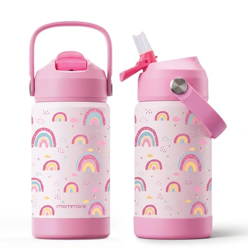 Mommore Kids Insulated Water Bottle with Soft Rubber Handle, 12oz Stainless Steel Thermos with Straw Lid, Leak Proof, Easy to Clean Design, Vacuum Small Canteen for School Boys Girls, Rainbow-1 Pc - color: Rainbow