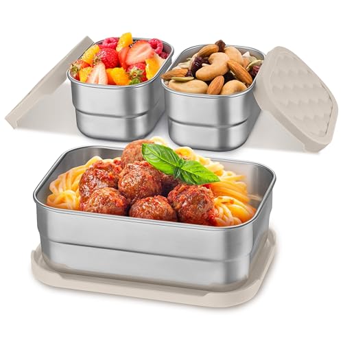 Homikit 3 Pack Kids Lunch Box Set, 18/10 Stainless Steel Bento Boxes with Silicone Lids Leak Proof, 5 Cups Reusable Metal Food Snack Containers for School Daycare, Nontoxic & Dishwasher Safe, Khaki - color: Khaki, size: Medium
