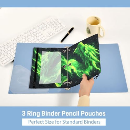 Kcldeci Pencil Pouch for 3 Ring Binder, Green Fire Head of Dragon 2 Pack Binder Pencil Pouch with Clear Window Pencil Bags with Zipper Pencil Case for Binder - color: B05