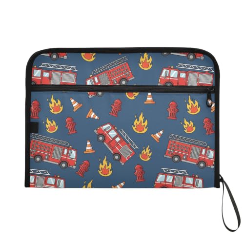 Gredecor 13 Pockets File Folder Organizer A4/Letter Water Resistant Document Bag with Zipper Filing Folder Expanding File Pouch Storage for School Office, Fire Trucks on Dark Blue - color: Fire Trucks on Dark Blue