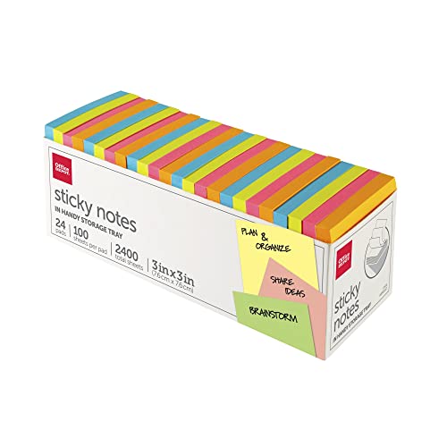Office Depot® Brand Sticky Notes, with Storage Tray, 3" x 3", Assorted Neon Colors, 100 Sheets Per Pad, Pack of 24 Pads
