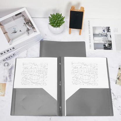 Lincia 100 Pcs Plastic Folders with Pockets and Prong Folders with Prongs 2 Pockets for Office, School for Students, Teachers, Office Workers(Gray) - color: Gray