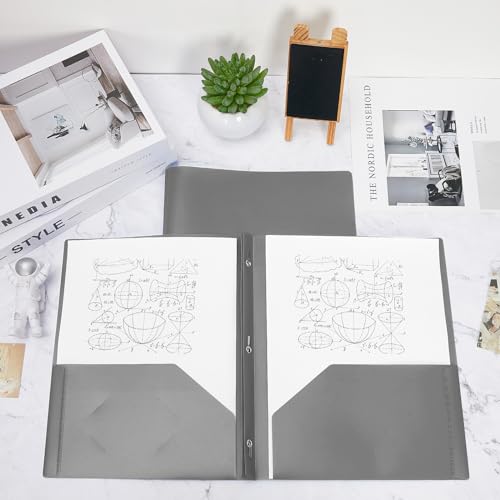 Lincia 100 Pcs Plastic Folders with Pockets and Prong Folders with Prongs 2 Pockets for Office, School for Students, Teachers, Office Workers(Gray) - color: Gray