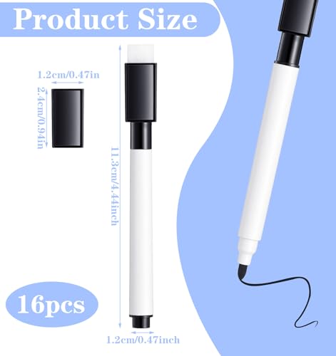 16 Pcs Dry Erase Marker with Eraser, Small Dry Erase Markers for Whiteboard | Black Dry Erase Markers with Erasers, Magnetic Dry Erase Black Markers for Home, Office Supplies