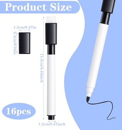 16 Pcs Dry Erase Marker with Eraser, Small Dry Erase Markers for Whiteboard | Black Dry Erase Markers with Erasers, Magnetic Dry Erase Black Markers for Home, Office Supplies