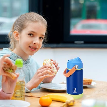 Kids Insulated Water Bottle with Straw Lid & Silicone Handle,12oz Kids Leak Proof Water Bottle for School Boys Girls,Double Wall Vacuum Stainless Steel with Non-slip Silicone Base(Dark Blue) - color: Dark Blue, size: 12 Ounces