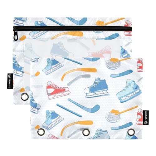 Pencil Pouch 3 Ring Sports Hockey Equipment Zipper Pencil Pouches Case Binder Cosmetic Bag 2 Pack for Office School College Supplies - color: Sports Hockey Equipment
