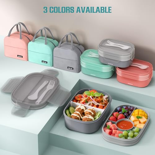 RIKDOKEN Bento Lunch Box, Stackable 2 Layers Containers with Compartments, Portable 64OZ Large Capacity Leakproof Bento Box with Spoon & Fork & Lunch Bag, Microwave Safe Lunch Box for Kids and Adults - color: Gray