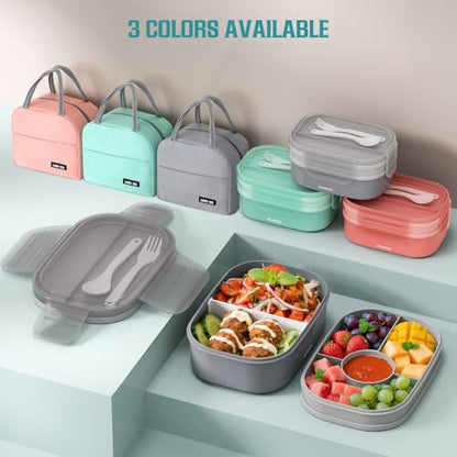 RIKDOKEN Bento Lunch Box, Stackable 2 Layers Containers with Compartments, Portable 64OZ Large Capacity Leakproof Bento Box with Spoon & Fork & Lunch Bag, Microwave Safe Lunch Box for Kids and Adults - color: Gray
