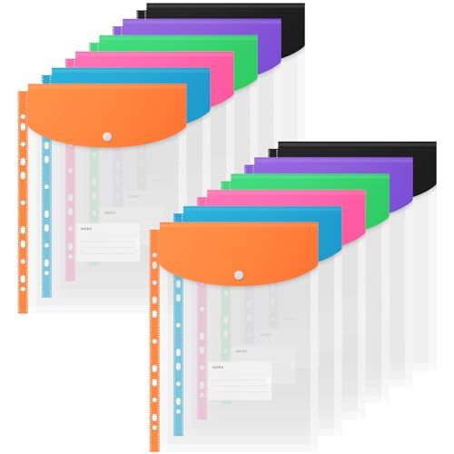 Binder Pocket Organizer Folders, 12 Pack Expandable Files Bag Plastic Envelopes Binder Folders with 11 Holes for 2/3/4 Ring Binder, Document Pouch with Snap Button and Label for School Office Home - color: Vertical-12 Pack