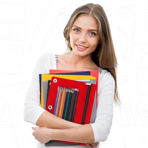 Pencil Pouch for 3 Ring Binder - 3 Hole Zipper Pen Case Bag Holder Bulk Accessories Clear Window Aesthetic Organizer Pockets (Red) - color: Red