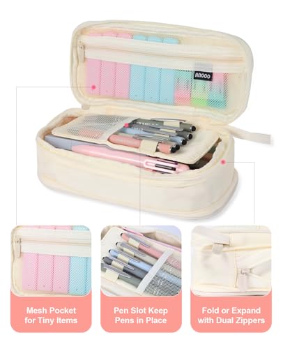 56 PCS Aesthetic School Supplies with Large Pencil Case, 5 Inspirational Ballpoint Pens, 12 Pastel Highlighters, 5 Black Ink Gel Pens, 6 Mechanical Pencils 0.5-0.7mm College Student Essentials (Beige) - color: Beige
