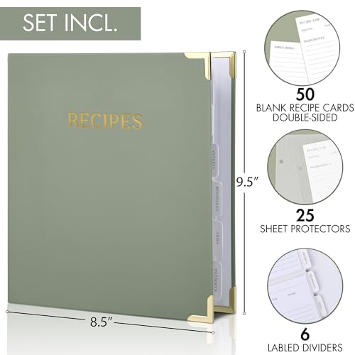 Aesthetic Recipe Binder with Polyester Waterproof Cloth Cover - The Perfect Recipe Book with Plastic Sleeves to Write in Your Own Recipes - Quality Blank Cookbook Binder, Cards incl. - color: Sage Green, size: Medium - 9.5x8.5"