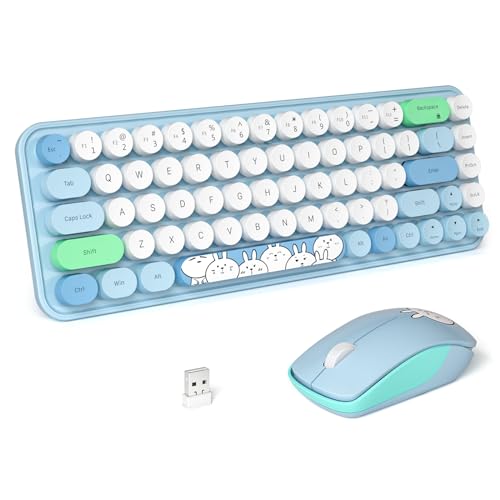 FOPETT Wireless Keyboard and Mouse Cute Mouse and Keyboard 2.4G Wireless Keyboards with Colorful 68 Keys Typewriter Retro Round Keycap for PC, Laptop,Tablet,Computer Windows - Blue Colorful - color: I D Blue Colorful