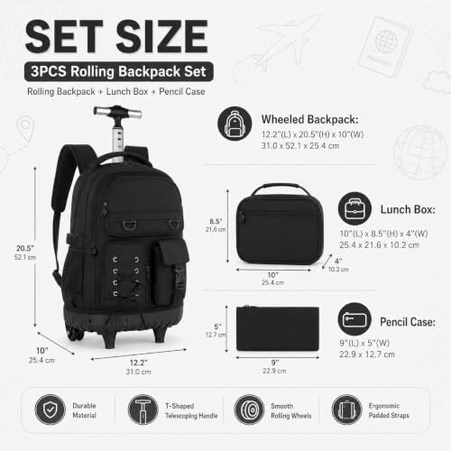 KLFVB Rolling School Backpack for Girls, 3PCS Roller Bookbag with Lunch Bag for Kids, Wheeled Bag for Teen - Black Ribbon Bow - color: Black Ribbon Bow Rolling Backpack