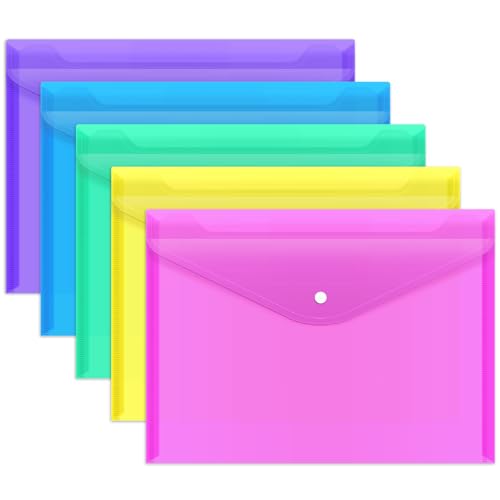 EOOUT 5pcs Plastic Envelopes, Plastic Folders for Documents, Poly Folders with Snap Closure, A4 Size, Letter Size, for School and Office Supplies - color: Rainbow, style: 5pcs