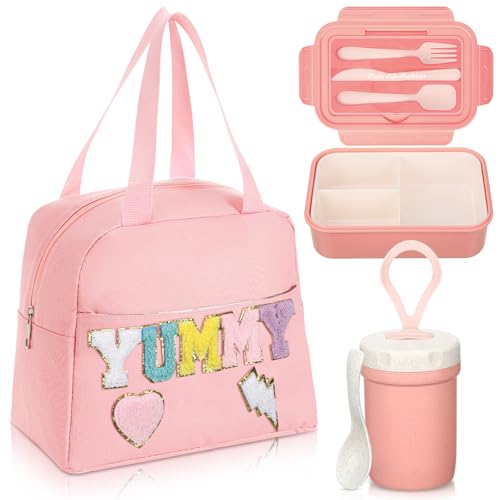 Dandat Preppy Lunch Bag for Women Girl Pink Preppy Lunch Bag Bento Box with Compartments and Soup Cup for Girls Adults Teens School Travel Picnic
