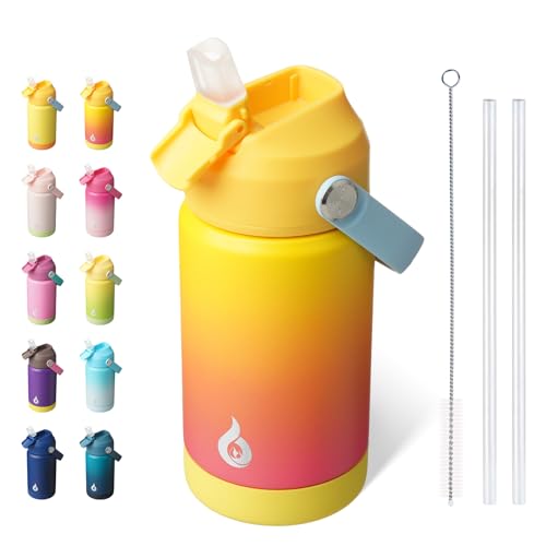 BJPKPK Insulated Water Bottle with Straw Lid, 12oz Thermo Water Bottles with Soft Nozzle, Flex Handle & Non-slip Boot, BPA Free Leak Proof Stainless Steel Metal Thermo, Tumblers, Cups,Rainbow - color: Rainbow, size: 12 Ounces