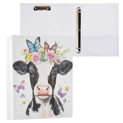 Watercolor Cow with Floral Garland and Colorful Butterfly 3 Ring Binder 1.5" Decorative D-Ring Binder with Clipboard&3 Clear Pockets, Holds 200 Sheets A4 Size Paper Waterproof Binders for School Home - color: Cow With Floral Garland, size: ‎12.4x10.63x2.3