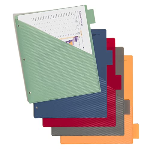 U Brands Poly Performance 5-Tab Dividers with Pockets, Set of 15, Assorted Core Colors, 3-Hole Punched - color: Core Colors