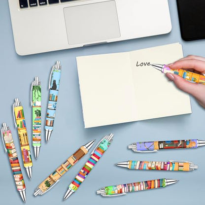Idealmuzik Bookshelf Theme Ballpoint Pens, 10 Pack – Colorful Book & Library Design Pens with Reading and Study Icons, Smooth Writing Pens for Students, Teachers, Readers & Office Use - style: Bookshelf