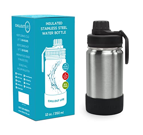 CHILLOUT LIFE 12oz Kids Insulated Stainless Steel Water Bottle with Leak Proof Spout Lid & 144 Stickers - color: Stainless Steel, style: 12 oz