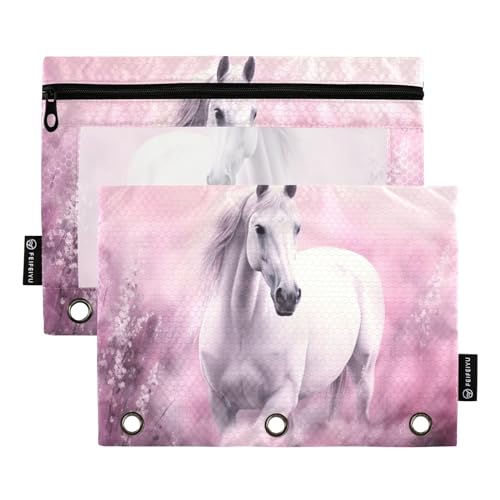 ATTX White Horse Pencil Pouch for 3 Ring Binder with Smooth Zipper, Clear Window Pencil Case for Binder, Big Capacity with 3 Reinforced Grommets#150 - color: Multicolored