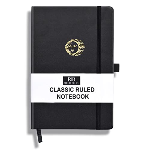 RICCO BELLO Lined Journal Notebook, Sun, 5.7 x 8.4-Inches | Faux Leather Hardcover, College Ruled, 96 Sheets / 192 Pages, Pen Holder, For Work & Notes - color: Black Sun