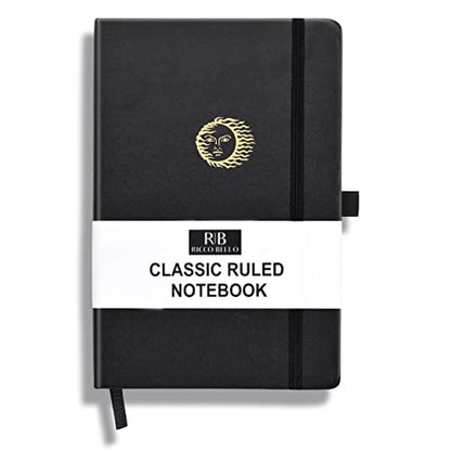 RICCO BELLO Lined Journal Notebook, Sun, 5.7 x 8.4-Inches | Faux Leather Hardcover, College Ruled, 96 Sheets / 192 Pages, Pen Holder, For Work & Notes - color: Black Sun
