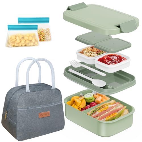 JBGOYON 4-in-1 Bento Box and Insulated Lunch Bag Set, Gray/Green | 6-hour insulation, 7.5 L lunch bag, leakproof 1.9 L container with 2 sauce cups, fork and spoon, 2 snack bags, BPA-fre - color: Light Green