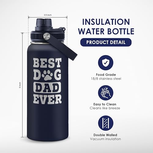 Dog Dad Gift, Insulated Stainless Steel Water Bottle 32oz, Best Dog Dad Ever, Vacuum Chug Lid Travel Tumbler for Men Friends Puppy Lovers, Gift for Birthday Christmas Fathers Day - color: Dog Dad