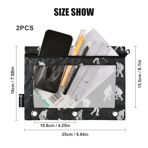 Binder Pouches 3 Ring for Boys Girls Hockey Black Zipper Pencil Pouches Case Bag with Clear Window School College Office Supplies 2 Pack - color: Hockey