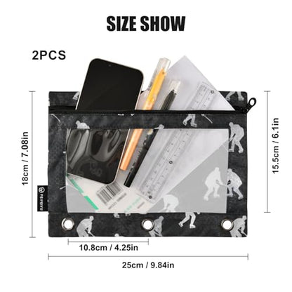 Binder Pouches 3 Ring for Boys Girls Hockey Black Zipper Pencil Pouches Case Bag with Clear Window School College Office Supplies 2 Pack - color: Hockey