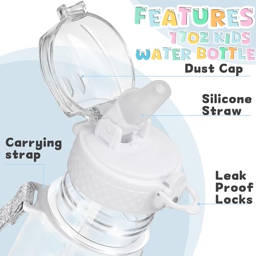 OLDLEY 17oz Kids Water Bottle, Tritan BPA-Free, Leakproof Flip Straw Lid, Motivational Time Marker, Carry Strap, Reusable Clear Water Bottle for Boys & Girls,Clear - color: Clear, style: 17 Ounces