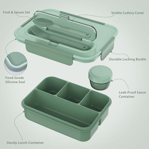 Caperci Bento Box Adult - 50 oz Large Lunch Containers for Adults and Teens, 4-Compartment Bento Lunch Box with Utensils & Leak Proof Sauce Cup, Dishwasher Safe, Durable, BPA-Free (Khaki Green) - color: Khaki Green