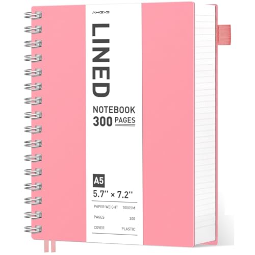 AHGXG Spiral Notebook - A5 Notebook College Ruled, Small 5.7" X 8.22", 300 Pages/150 Sheets Thick Notebook Journal, 100GSM Lined Paper, Plastic Hardcover, for Work Office School Writing Notes, Pink - color: Pink, size: A5-Regular