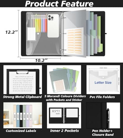 3 Ring Binder, 1 Inch Leather Binders with Clipboards, 5-Tabs Pockets Dividers, 18 Divider Stikers, Plastic Folder, Pen Holder, Three Ring Binder with Pen Holder(Black, Letter Size) - color: Black, size: 1in（Letter Size）