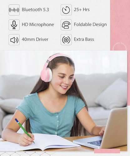 rockpapa E7 Over Ear Wireless Bluetooth Headphones with Mic Without Travel Case, Foldable Wired/Wireless Headphones with Microphone for Kids Childrens Boys Girls Teen Youth Adult Pink White - color: Pink White, style: without Case