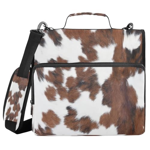3-Ring Zipper Binder Bag, 13 Inch Laptop Organizer with Shoulder Strap Multiple Pocket File Folder for School Office - color: Brown Print Cow