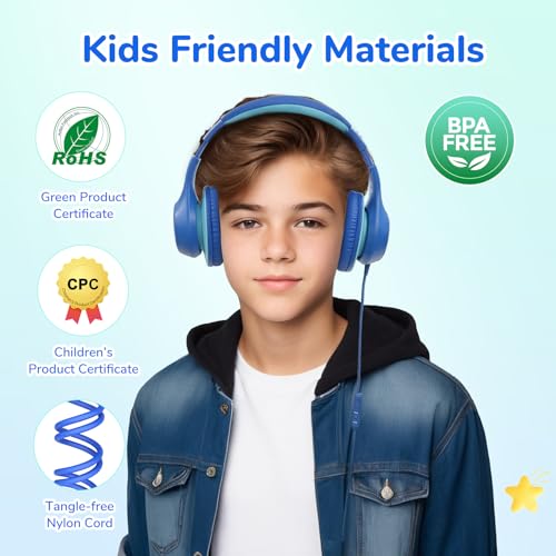 EarFun K3 Kids Headphones, Over Ear Headphones with Microphones, 85/94dB Safe Volume Limit, HD Stereo Sound, 3.5mm Jack, Foldable Wired Headphones for School/Travel/Boys/Girls/Tablet/iPad, Blue - color: Blue