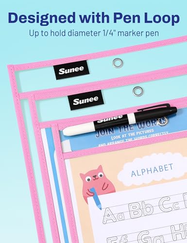 SUNEE 6 Packs Oversized Reusable Dry Erase Pocket Sleeves with Ring, Pink 10x14 Ticket Holders, Clear Plastic Sheet Protectors, Teacher School Classroom Supplies - color: Pink, style: 6 Pack