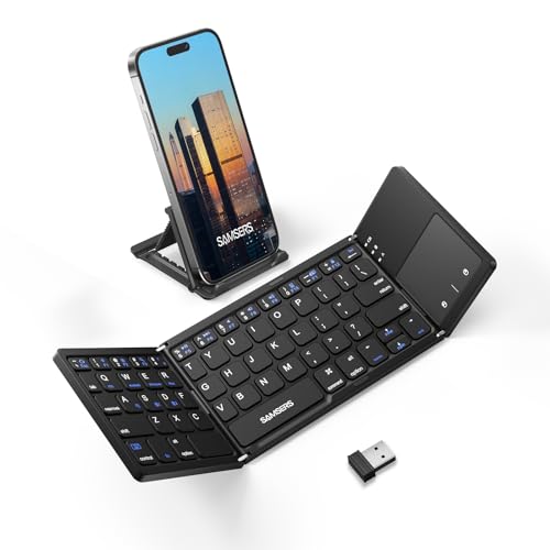 Samsers Multi-Device Foldable Bluetooth Keyboard with Touchpad, Rechargeable Folding Keyboard with Holder, Portable Travel for Android Windows iOS Mac OS, Support 3 Devices - Black - color: Black, size: 3-Device