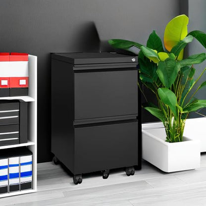 BYNSOE 2 Drawers File Cabinet with Lock Metal Vertical File Cabient with Wheels Mobile File Cabinet for Office Home Legal/Letter/a4 Size Require Assembly - color: Black, size: 2 Drawers-wheels