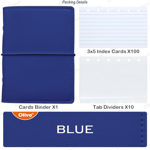 3x5 Lined Index Cards with Ring Binder Holder and Dividers, 100 Note Cards, Blue - color: Blue
