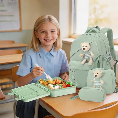 ACESAK Backpack for Girls with Bento Box - 4 PCS Cute Girls Backpack with Lunch Box, Pencil Case & Bento Box Set - 43oz Leakproof Lunch Box Kids Snack Containers Set Back to School Supplies (Green) - color: Green